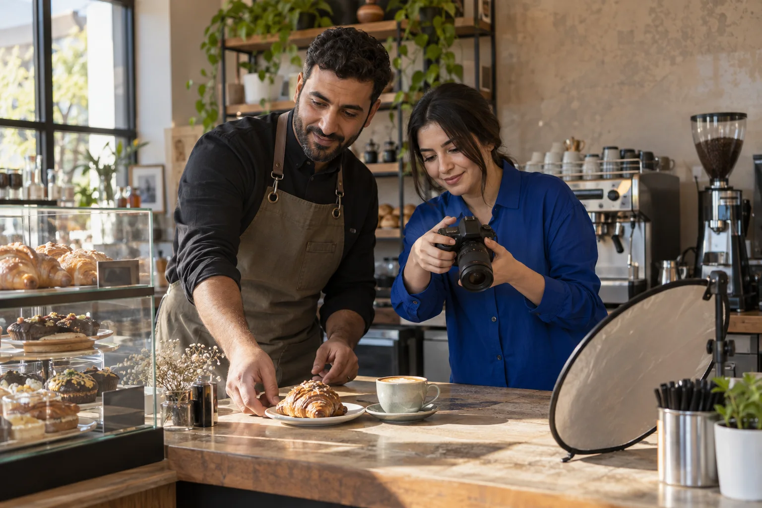 Illustrative photograph of a cafe owner and agency creative preparing a promotional product shoot