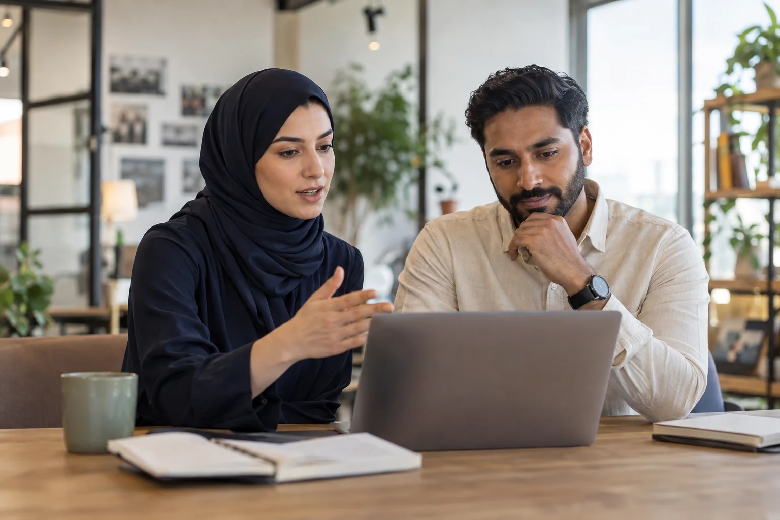 Illustrative photograph of two marketing strategists reviewing a campaign