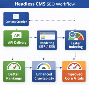 Headless CMS SEO workflow from content creation to API delivery and SSR/SSG rendering, leading to faster indexing, better rankings, and improved Core Web Vitals