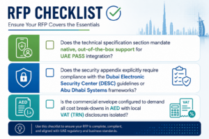 RFP checklist for UAE enterprises covering UAE PASS integration, DESC compliance, AED pricing, and VAT disclosures